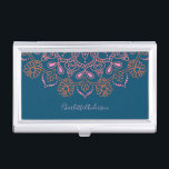 Modern Boho Mandala Medallion Teal Script Name  Business Card Holder<br><div class="desc">A modern spin on a classic mandala motif in pink and orange on a dark teal background,  personalized with your name.</div>