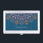 Modern Boho Mandala Medallion Teal Script Name  Business Card Holder<br><div class="desc">A modern spin on a classic mandala motif in pink and orange on a dark teal background,  personalized with your name.</div>