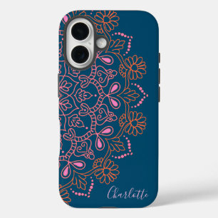 Modern Boho Mandala Medallion Teal Script Name iPhone 16 Case