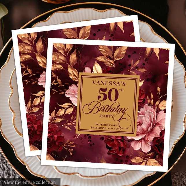 Modern Boho Maroon Blush Gold 50th Birthday Napkin (Modern Boho Maroon Blush Gold 50th Birthday Napkin)