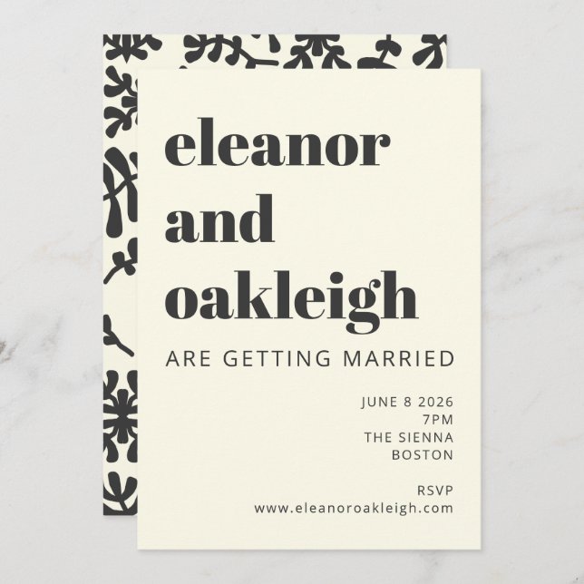 Modern Boho Matisse Botanical Black White Wedding  Invitation (Front/Back)