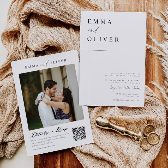 Modern Boho Minimalist Wedding Photo QR Code RSVP Invitation (Creator Uploaded)