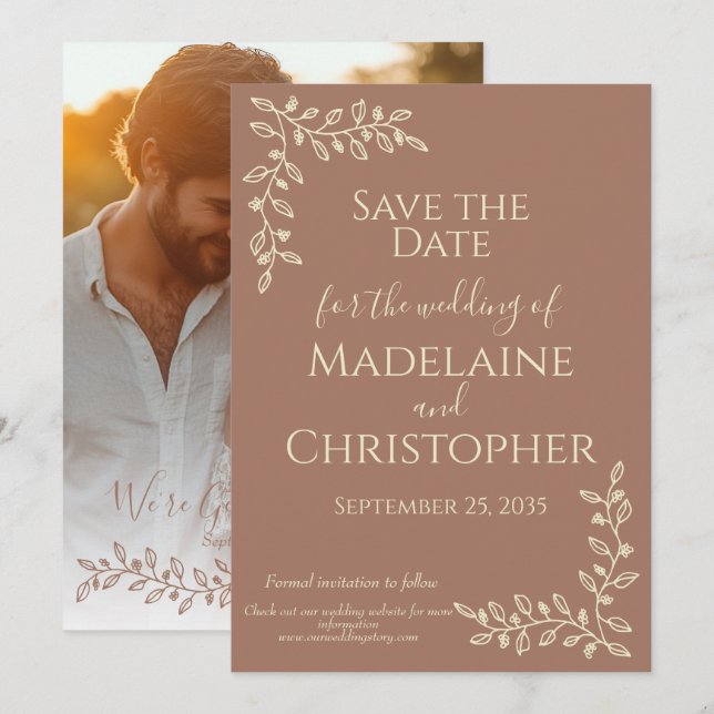 Modern Boho Mocha Mousse Botanical Photo Wedding Save The Date (Front/Back)