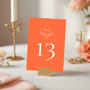 Modern Boho Monogram Coral Pink Orange Wedding Table Number