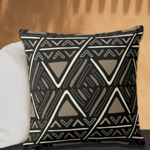 Modern Boho Mud Cloth Pattern Black Throw Pillow