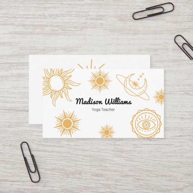 Modern Boho Mystical Yellow Sun and Moon Pattern   Business Card (Front/Back In Situ)