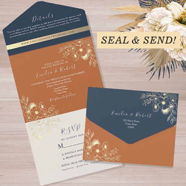 Modern Boho Navy and Terracotta Wedding All In One Invitation (Creator Uploaded)
