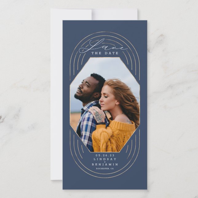 Modern Boho Navy Blue and Gold Save The Date Photo (Front)