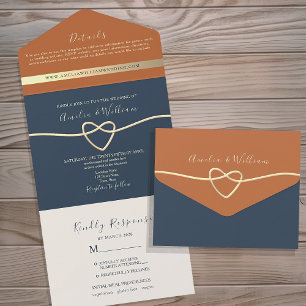Modern Boho Navy Blue and Terracotta Wedding All In One Invitation