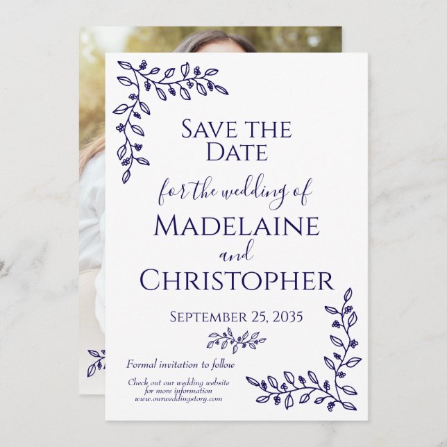 Modern Boho Navy Blue Botanical Photo Wedding Save The Date (Front/Back)