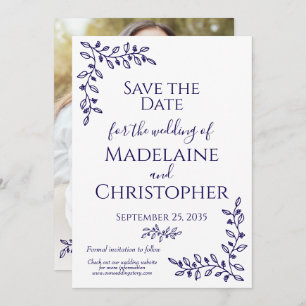 Modern Boho Navy Blue Botanical Photo Wedding Save The Date