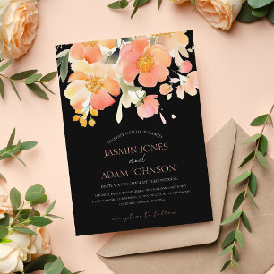 Modern Boho Orange Peach and Black Floral Wedding Invitation