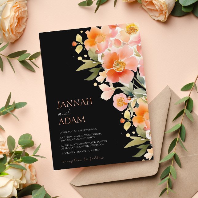 Modern Boho Orange Peach and Black Floral Wedding Invitation (Creator Uploaded)