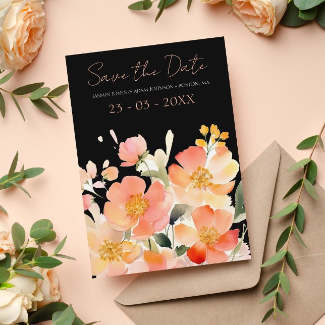 Modern Boho Orange Peach and Black Floral Wedding Save The Date (Creator Uploaded)