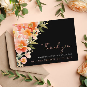Modern Boho Orange Peach and Black Floral Wedding Thank You Card