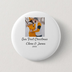 Modern boho our first Christmas photo couple name 2 Inch Round Button