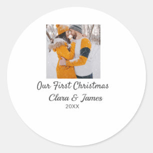 Modern boho our first Christmas photo couple name  Classic Round Sticker