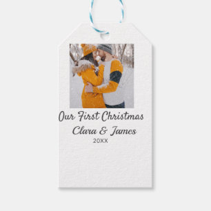 Modern boho our first Christmas photo couple name Gift Tags