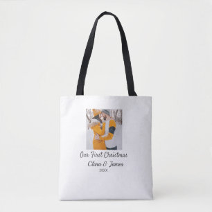 Modern boho our first Christmas photo couple name Tote Bag