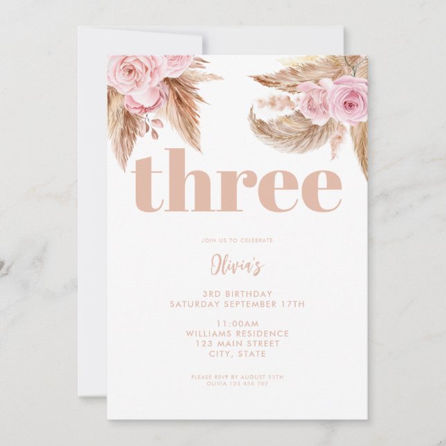 Modern Boho Pampas Floral 3rd Birthday Invitation (Front)