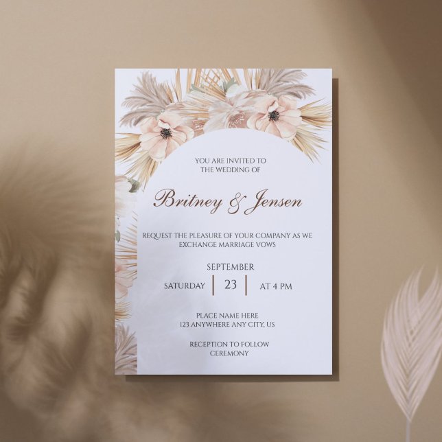 Modern Boho Pampas Grass Arch Wedding Invitation (Modern boho wedding invitation with pampas grass arch and elegant minimalist typography.)