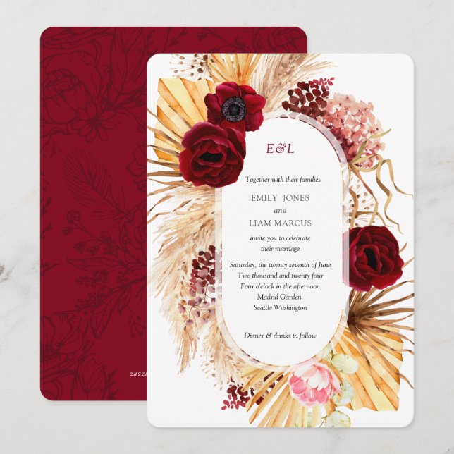 Modern Boho Pampas Grass Burgundy Floral Wedding Invitation (Front/Back)