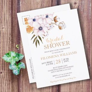 Modern Boho Pampas Grass Cotton Bridal Shower Invitation Postcard