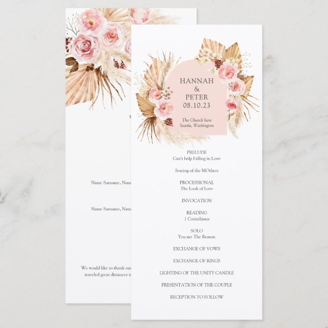 Modern Boho Pampas Grass Floral  Wedding Program (Front/Back)