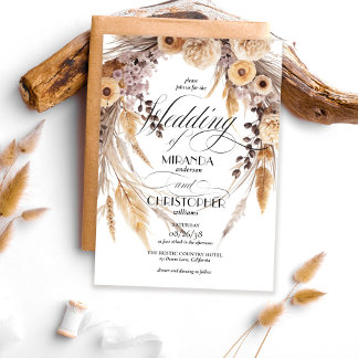 Modern Boho Pampas Grass Wreath Rustic Wedding Invitation