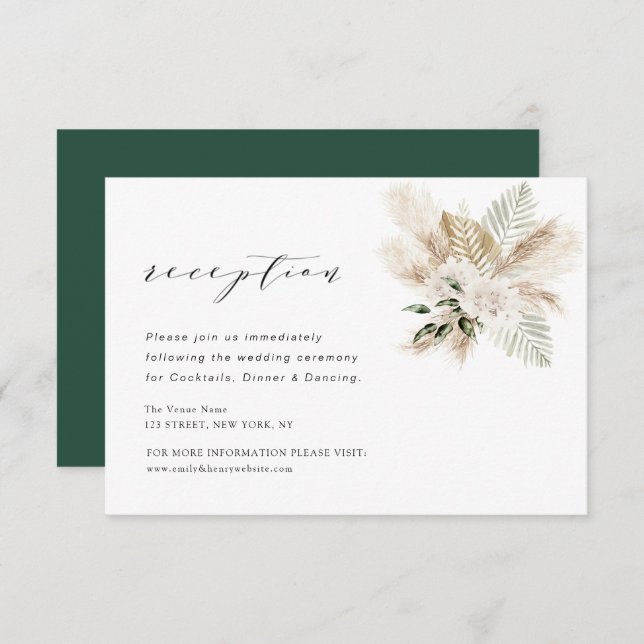 modern boho pampas greenery wedding reception card (Front/Back)