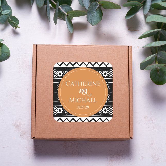 Modern Boho Pattern Black & Burnt Orange Wedding Square Sticker (Creator Uploaded)