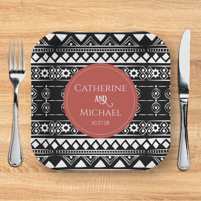 Modern Boho Pattern Coral Wedding Paper Plate (Creator Uploaded)