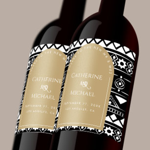 Modern Boho Pattern Wedding Arch Gold Wine Label