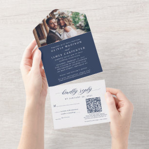 Modern Boho Photo RSVP QR Code Navy Blue Wedding All In One Invitation