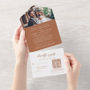 Modern Boho Photo RSVP QR Code Terracotta Wedding All In One Invitation