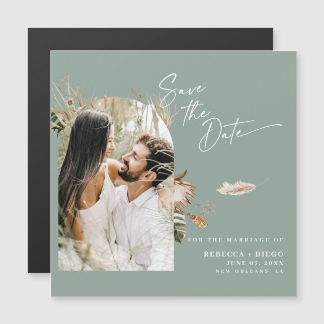 Modern Boho Photo Save The Date Sage Magnetic Card (Front/Back)