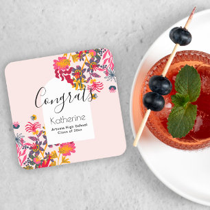 Modern Boho Pink Floral Arch Grad Party Square Paper Coaster