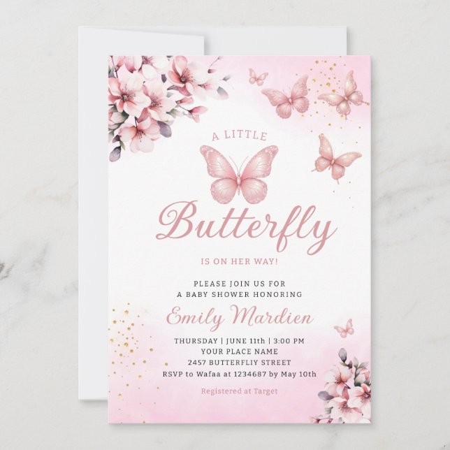 Modern Boho Pink Floral Butterfly Girl Baby Shower Invitation (Front)