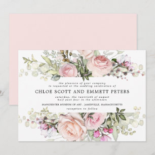 Modern Boho Pink Rose Floral Wedding Invitation
