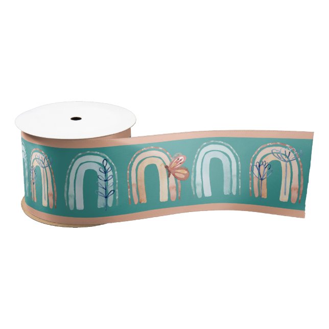 Modern Boho Rainbow Floral Teal Peach Pink Satin Ribbon (Spool)