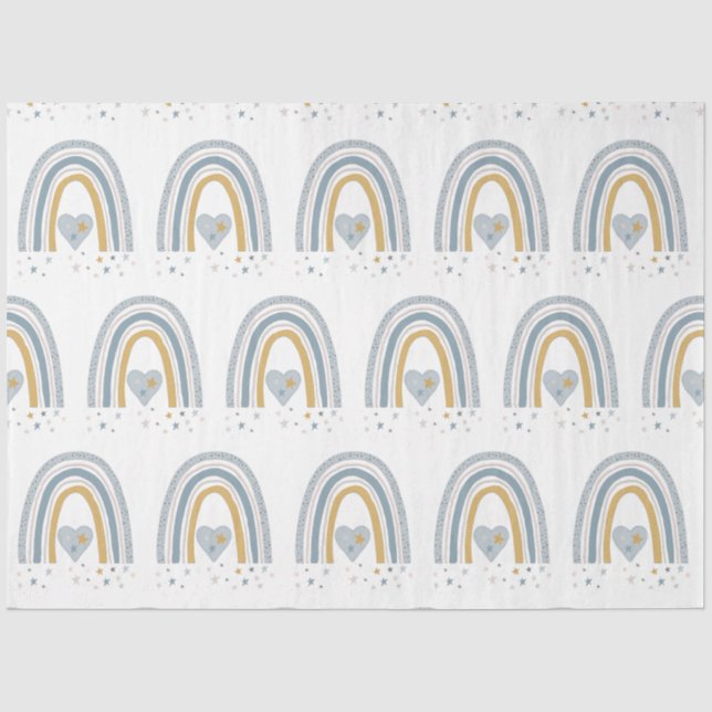 Modern BOHO Rainbow Stars Dusty Blue Mustard Boy Tissue Paper (Front)