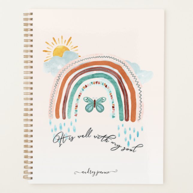 Modern Boho Rainbow Watercolor Muted Script Name Planner (Front)