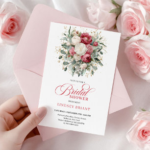 Modern Boho Red Blush Greenery Gold Bridal Shower Invitation