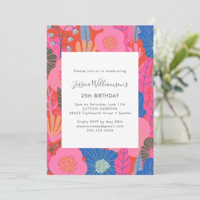 Modern Boho Red Floral 25th Birthday Party Invitation (Standing Front)