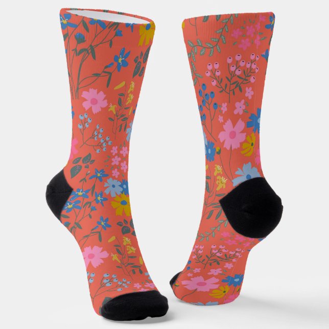 Modern Boho Red Floral Botanical Socks (Angled)