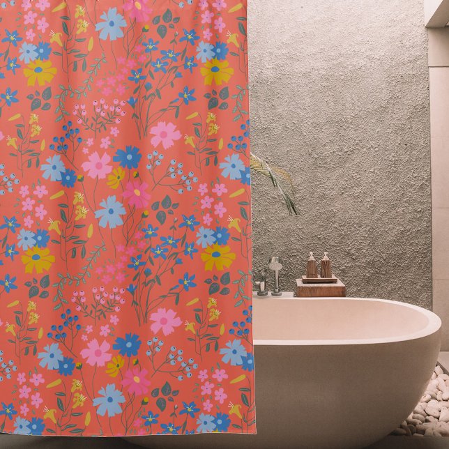 Modern Boho Red Floral Wildflowers (Modern Boho Red Floral Wildflowers Shower Curtain)