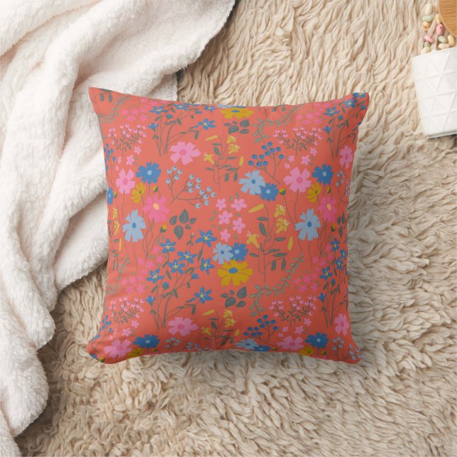 Modern Boho Red Floral Wildflowers Throw Pillow (Blanket)