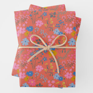 Modern Boho Red Floral Wildflowers Wrapping Paper Sheet