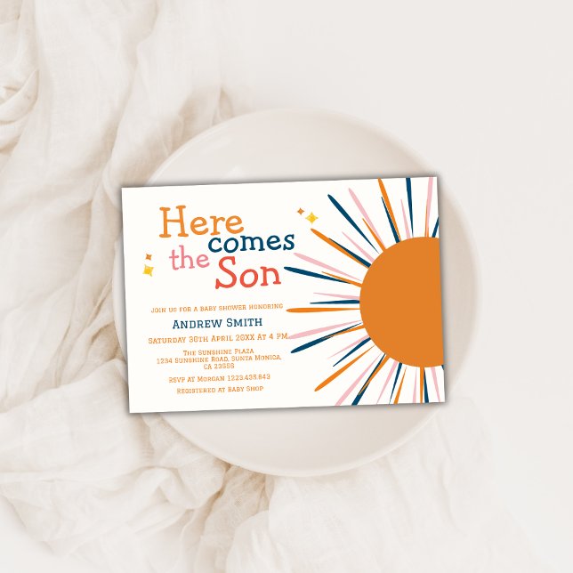 Modern Boho Retro Here Comes The Son Baby Shower  Invitation (Modern Boho Retro Here Comes The Son Baby Shower Invitation)