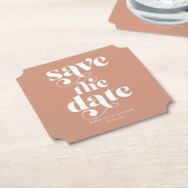 Modern Boho Retro Typography Wedding Save the Date Paper Coaster (Angled)